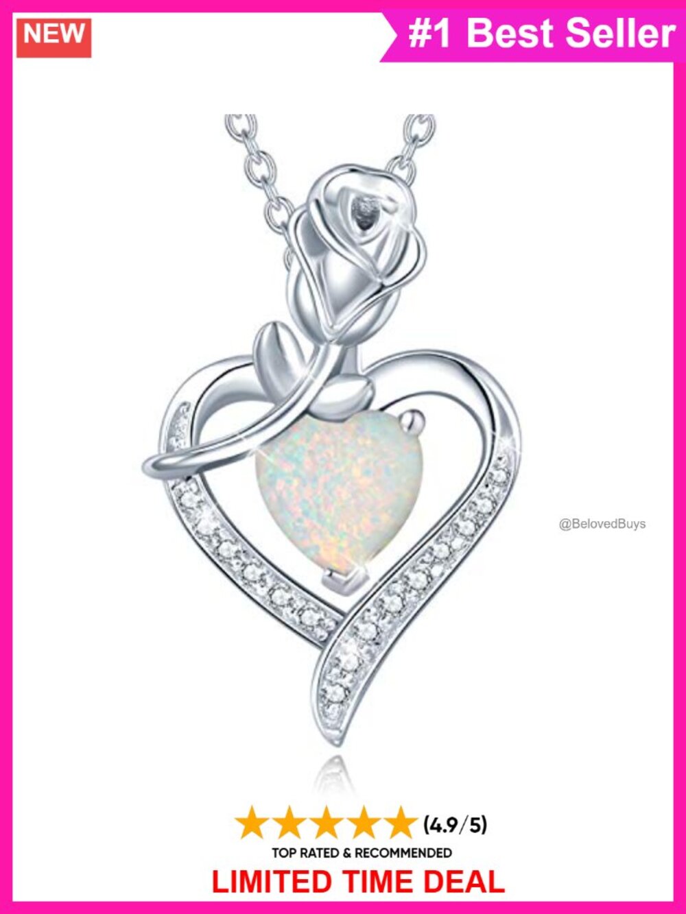 Sterling Silver Opal Heart Pendant Necklace Rose Flower Birthstone Gift
